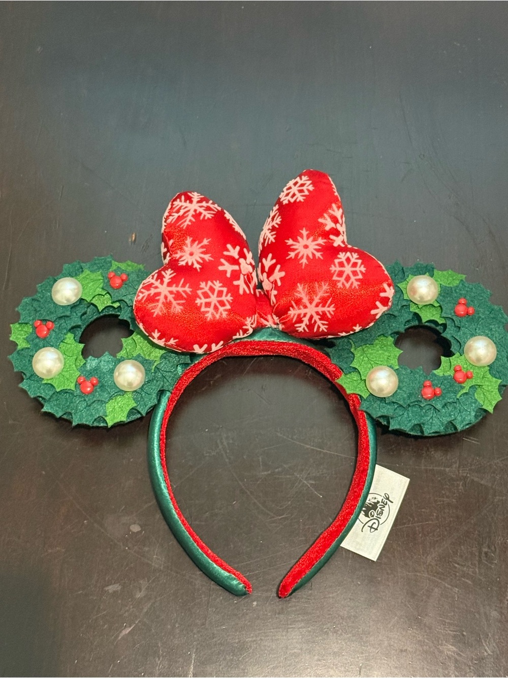 Disney Red Snowflake Bow Minnie Ears with Green Holly Accents